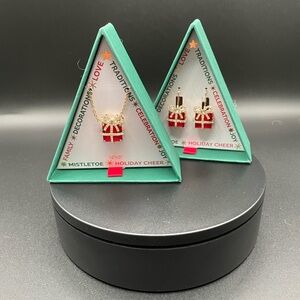 Christmas Red and Gold Gift Box Earrings and Necklace Set Red Crystal Rhinestone